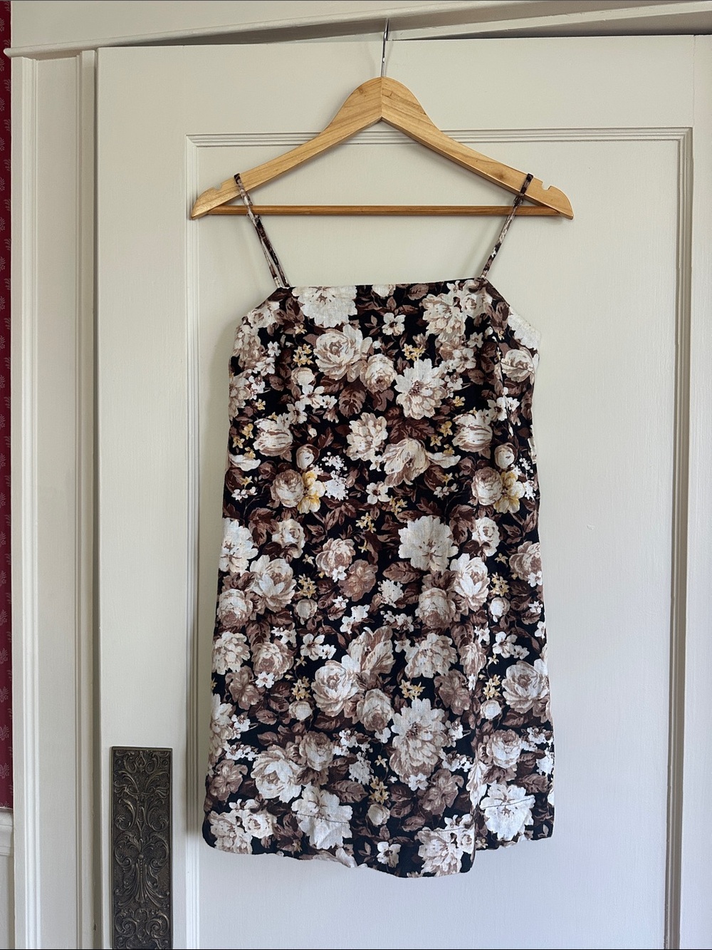 Floral Spaghetti Strap Linen Romper Dress in Brown and Cream